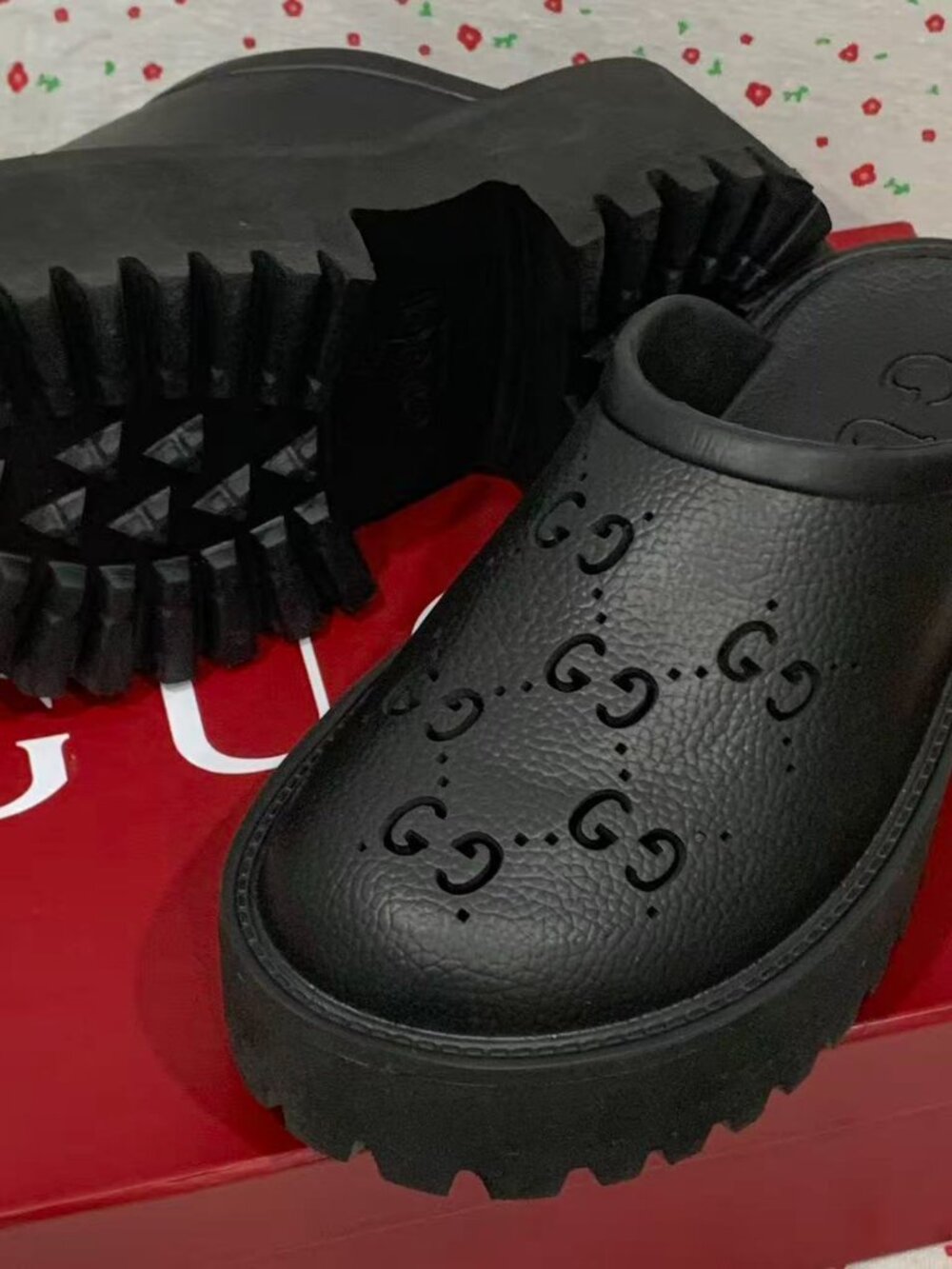 Black Platform Perforated Logo Clog Mules - Picture 2 of 5